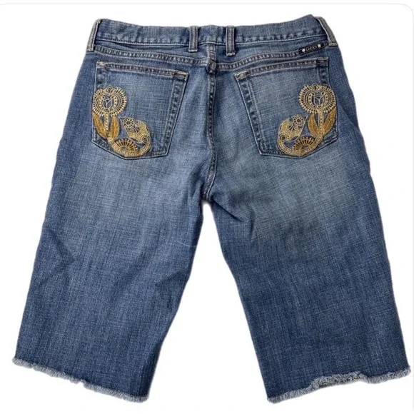 Lucky Brand Abbey Bermuda Shorts Women 6 28 Blue Denim Embroidered Frayed Hem - Picture 2 of 16